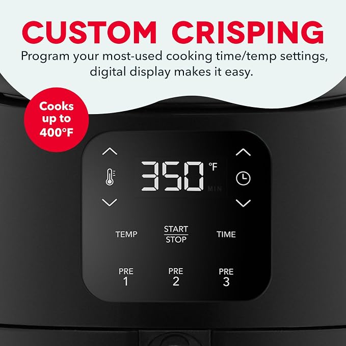 Dash Tasti-Crisp™ Digital Air Fryer – 2.6 Quart Small Compact Mini Air Fryer for French Fries, Nuggets & More, 1-2 People, Auto Shut Off, Adjustable Temp, Dishwasher Safe Parts - Black