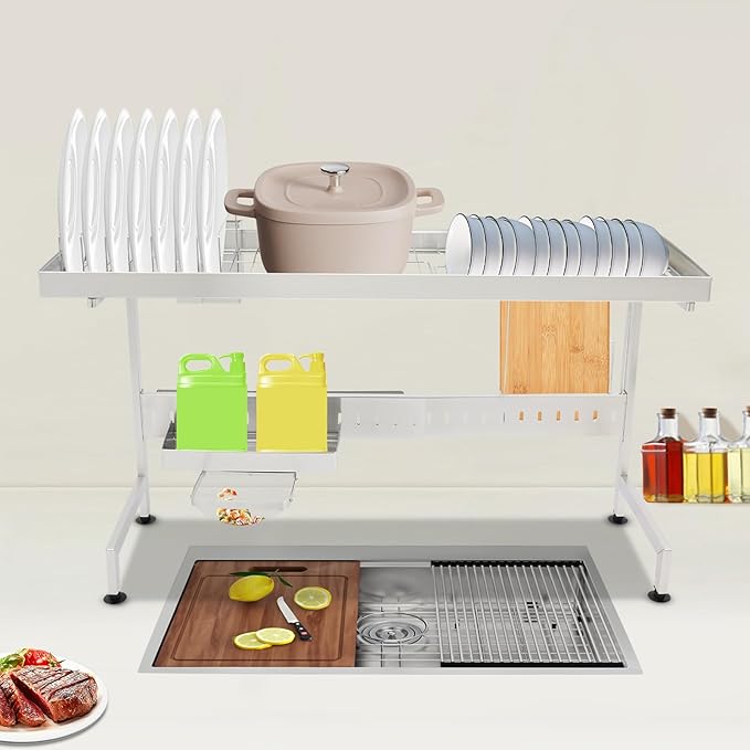 Adjustable Over The Sink Dish Drying Rack with Chopstick Holder and Cutting Board Rack - High Load Capacity 110lbs, Retractable Design 24.8-33.86 inches for Kitchen