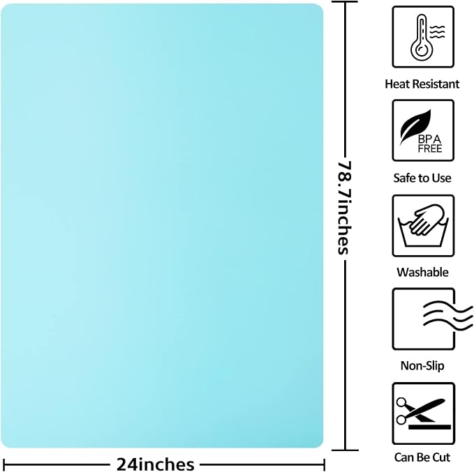 Silicone Mats for Kitchen Counter, Nonslip Silicone Mats for Crafts Countertop Protector Heat Resistant Mat (78.7” x 24” x 0.08”, Cyan)