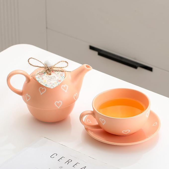 Domini Teapot cup combo,Teapot and Teacup for One,Tea Cup and Saucer Set-Tea Pot Set Gift for Girl Women,Matte orange