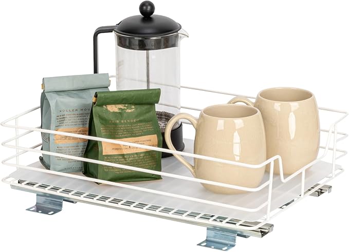 Household Essentials Glidez Paint-Finished Steel Pull-Out/Slide-Out Storage Organizer with Plastic Liner - Under Cabinet or Wire Shelf Use - 1-Tier Design - Fits Standard Size Cabinet or Shelf, White