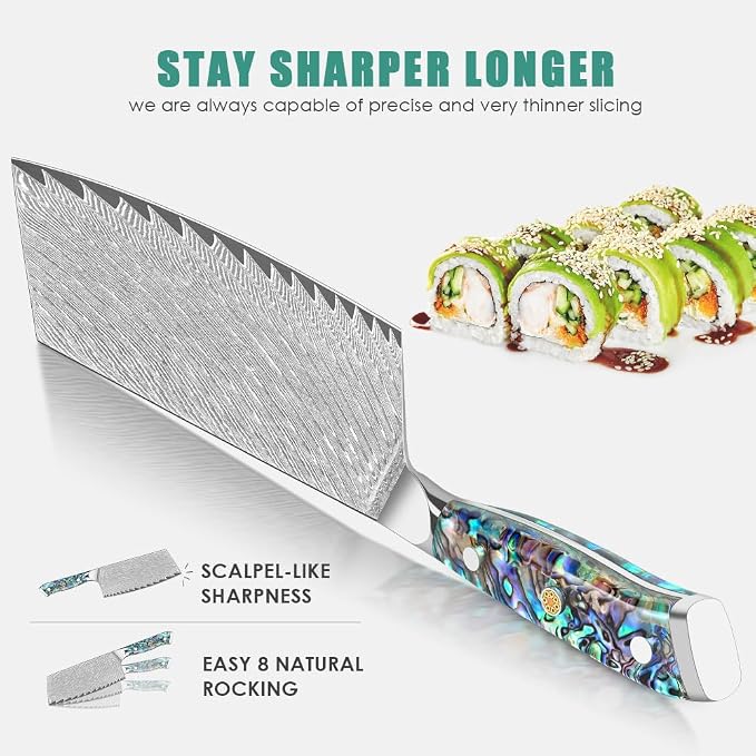 KEENZO Meat Cleaver Knife 7 inch, Razor Sharp Professional Chef Knife, Hand Forged Kitchen Knives, Japanese 67-Layers Damascus Steel Cooking Knife, Ergonomic Abalone Shell Resin Handle,Gift Box