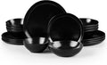 HaWare Plates and Bowls Set, Stoneware Dinnerware Sets, 16-Piece Hand-painted Dishware for 4, Ceramic Dish Set for Home Kitchen, Scratch Resistant, Microwave and Dishwasher Safe, Matte Black