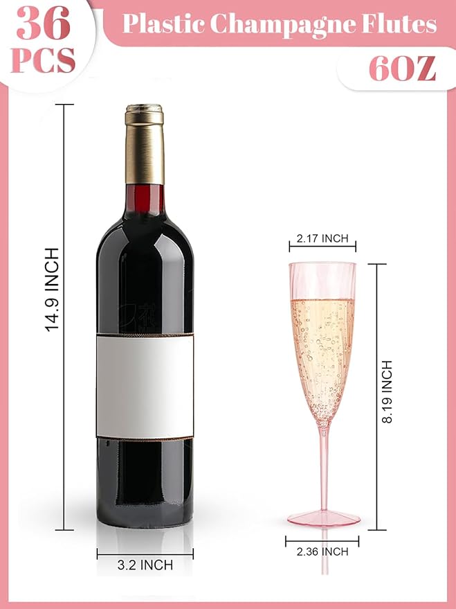 WDF 36PCS Pink Champagne Flutes Plastic - 6OZ Pink Disposable Champagne Flutes Party Supplies for Wedding Birthday Parties Valentine's Day Galentine's Day (Pack of 2)