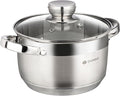 Daniks Standard 3 Quart Stainless Steel Stock Pot with Glass Lid, Tri-Ply Bottom for Even Heating, Induction Compatible, Dishwasher Safe, Built-In Measuring Scale, Silver