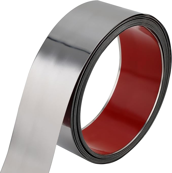 Flexible Self Adhesive Metal Strip for Magnet, Strong Peel and Stick Ferrous Tape Roll for Workshop, Office, School and Home Decoration (Shiny Silver, 16.4ft x 3.15inch)