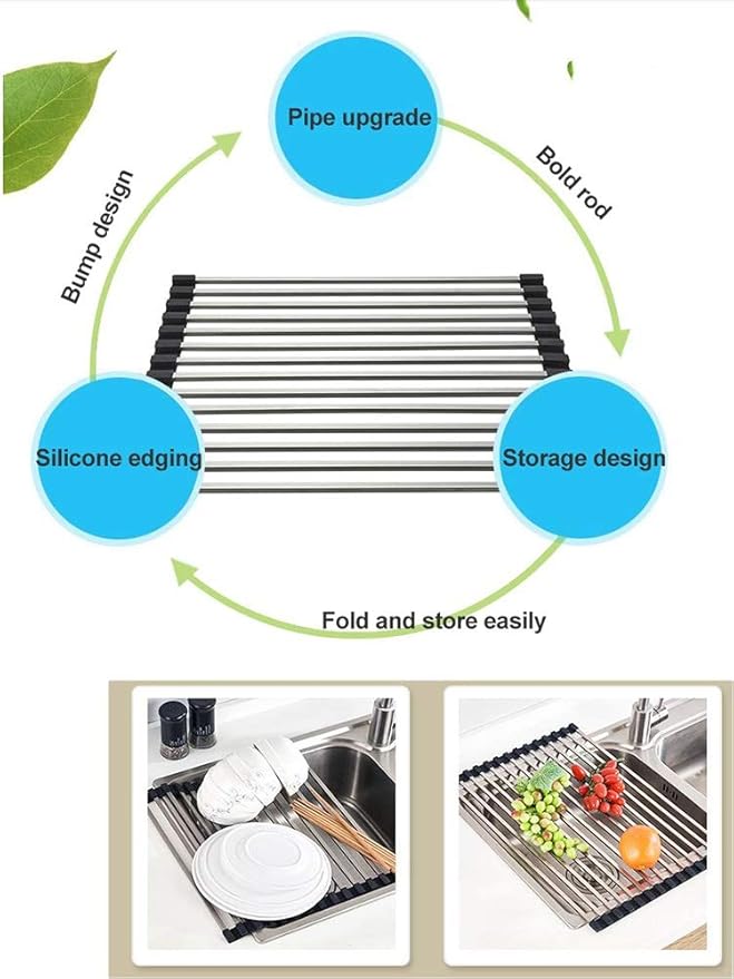 Roll Up Dish Drying Rack Over The Sink Dish Drying Rack Made of Stainless Steel and Silicone Coat Fruit and Vegetable Drying，for Kitchen Sink(42 * 33cm/16.5 * 13inch)