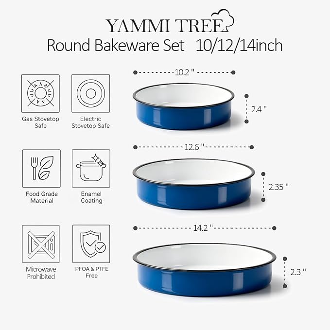 3-Pack Enamel Roasting & Baking Pan Set 10/12/14 Inch Round Cake Pans, High Temperature Resistant Baking Dishes for Turkey Pizza Casseroles Oven Bakeware PFOA & PTFE Free Ideal Gift for Mom - CookWare