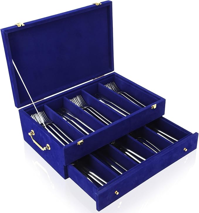 Pickmesh Silverware Case with Lid and Handle, Silverware Storage Box Sterling Silver Flatware Chest Without Silver Tarnish Proof Utensils Organizer for Kitchen Decor Wedding Gifts (Royal Blue,2 Layer)