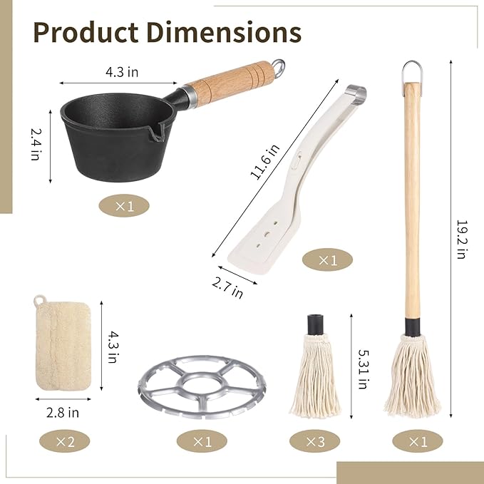 BBQ Mop Brush and Cast Iron Sauce Pot Set, Basting Melting Pot, Wooden Handle Sauce Mops with 3 Pcs Replacements, Barbecue Tongs and Pot Cleaning Brushes for Meat Smoker, Grill, Stove