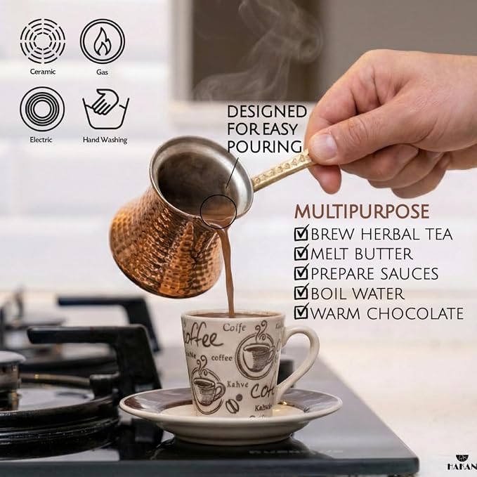 Hakan Turkish Coffee Pot | Stove Top Water Boiler, Coffee Maker, Butter, Chocolate & Milk Warmer | Even and Quick Heat with Handcrafted Copper Material | Coffee Gifts Idea, 5 Oz (150 cc)