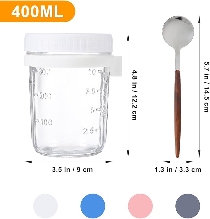 PATKAW 4 Pcs 400ml Glass Breakfast Oats Containers with Lids and Spoons, Airtight Storage Jars Set in Pastel Colors for Meal Prep and Food Storage