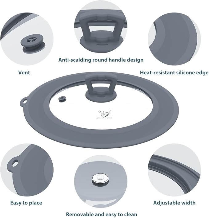 Vented Tempered Glass Universal Lid for Pot Pan Skillet with Heat Resistant Silicone Rim Microwave Splatter Lid Cover Microwave Safe Fit 6.5" 7" 7.5" Cookware, Dishwasher Safe Light Grey