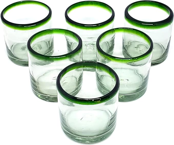 Emerald Green Rim 8 oz DOF Rock Glasses (set of 6), Recycled Glass, Lead-free, Toxin-Free (DOF Rocks)