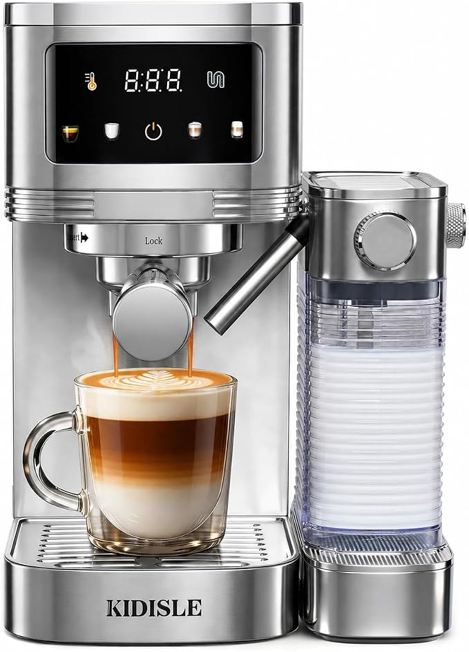 KIDISLE 20 Bar Espresso Machine with Automatic Milk Frother, Cappuccino & Latte Maker, Dual Boiler Coffee Machine (1350W + 1000W), 44oz Water Tank, 24oz Milk Reservoir, Touchscreen, Stainless Steel