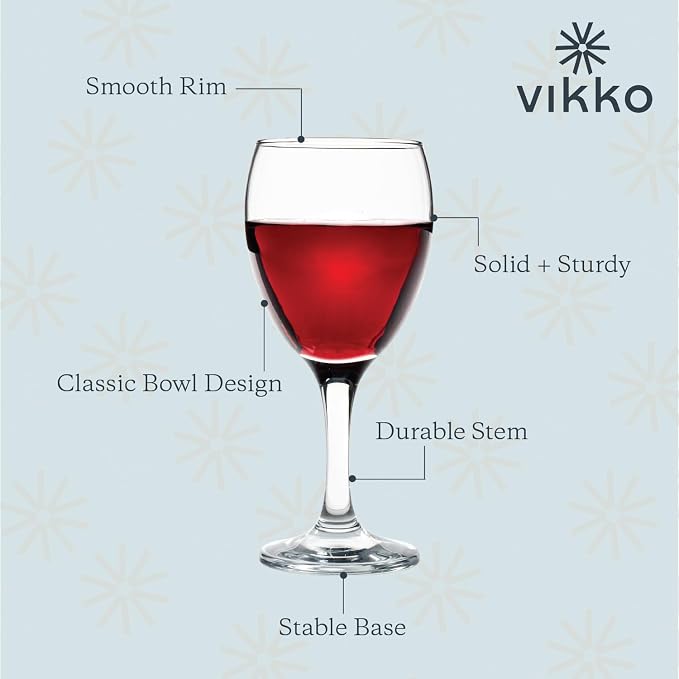 Vikko 11.5 Ounce Wine Glasses, Set of 6 Glasses for Red and White Wine With Stem, Clear Glasses for Wine, Thick and Durable Stemmed Cup