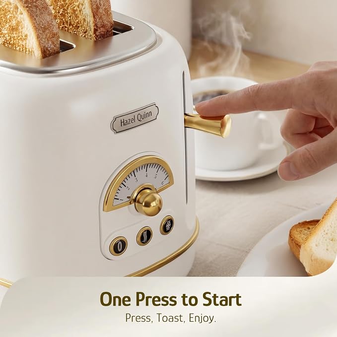 Hazel Quinn 2-Slice Retro Toaster, 6 Browning Levels, 3 Functions-Defrost/Reheat/Cancel, Removable Crumb Tray for Easy to Clean, 1.5 Inches Extra Wide Slots - Pearl White