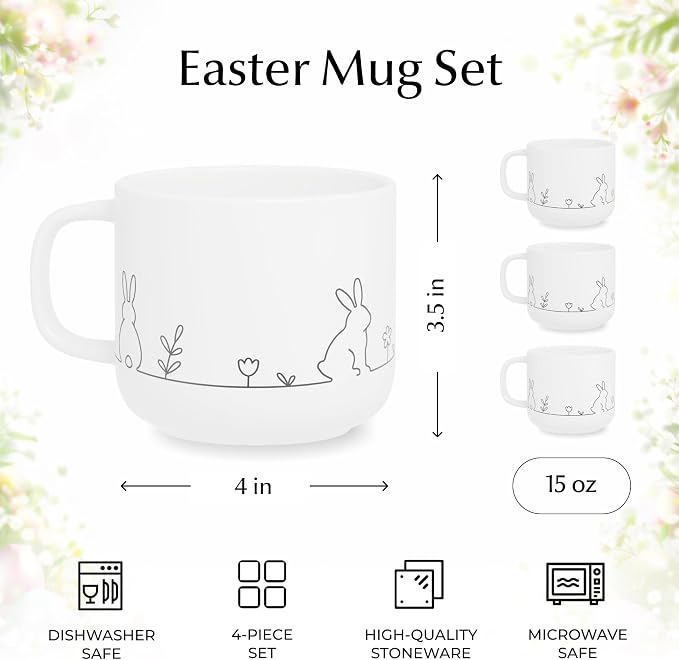 MIAMIO – Spring Cup Set / 4 × 15 oz ceramic coffee cups in pastel colors/large coffee and tea cups in a modern design – gift for women/men for Easter and spring – Prim Collection (White)
