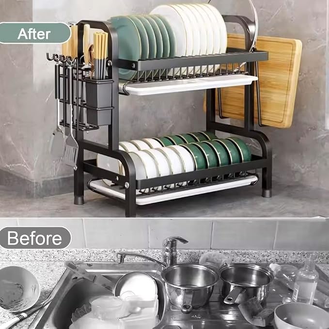 Dish Drying Rack, 2-Tier Space-Saving Dish Rack for Kitchen Counter, Metal Kitchen Organizers and Storage Rack, Large Capacity Dish Drainer, Black