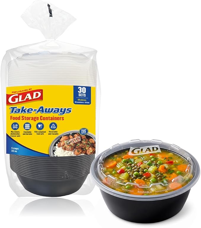 Glad Take-Aways 30-Pack Snap-Seal Round Food Storage Containers, 32 oz, Leak-Resistant Lids, Dishwasher & Freezer Safe, Reusable Meal Prep Bowls, BPA Free, Made in North America