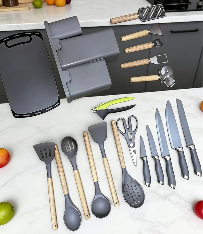 Kitchen Utensils and Knives Set, 20PCS Knife and Cooking Spoon Tools Set with Storage Holder, Sharp Stainless Steel Knife Sets with Bread, Chef Knife Cutting Board (Grey)