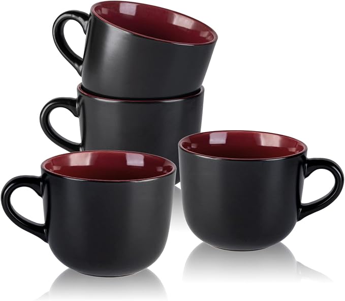 AmorArc 24 oz Soup Mugs with Handles, Jumbo Ceramic Bowls Mugs Set with handles for Coffee Cereal Cappuccino Snacks, Microwave&Dishwasher safe Soup Cups for Meal-Burgundy