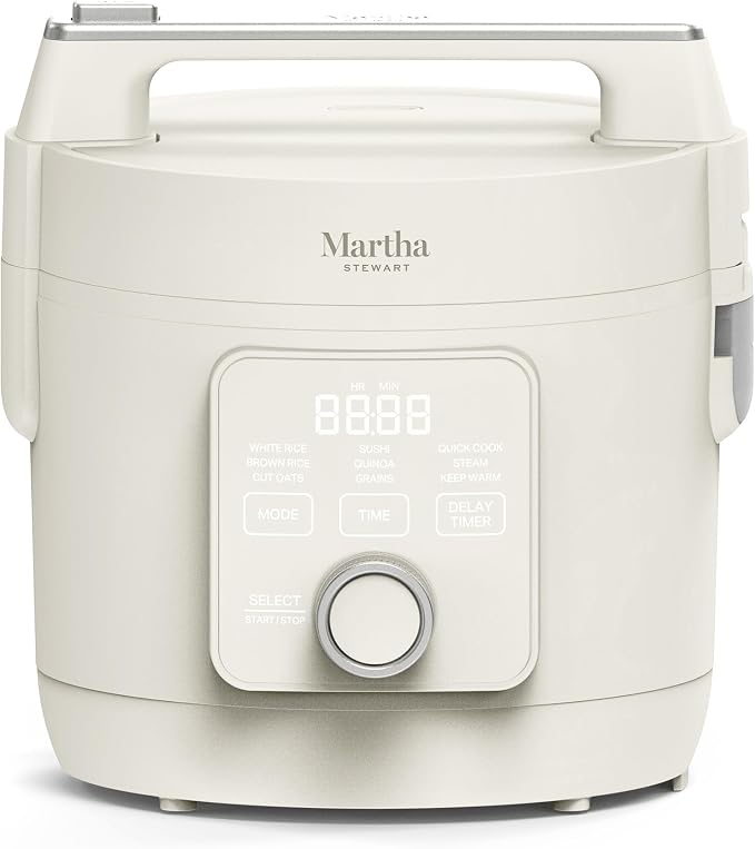 Martha Stewart Rice Cooker, 4 Cup (Uncooked) / 8 Cup (Cooked), Ceramic Non-Stick Removable Pot, Keep Warm, Measure Markings, Steam Basket, Brown & Sushi Rice, Quick Cook, Quinoa, Grains, Oats, Linen Cream