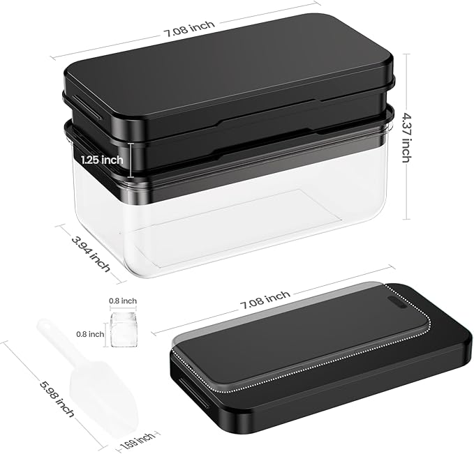Ice Cube Tray with Lid and Bin, PHINOX 56 pcs Ice Trays for Freezer, Ice Cube Trays for Freezer with 2 trays, Container, Lid & Ice Scoop, BPA Free, Black