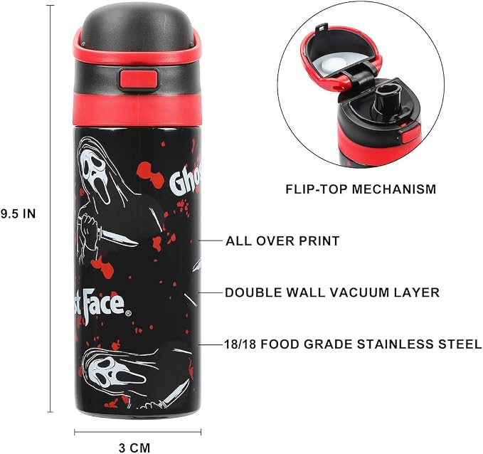Ghostface Mask & Blood Splatter All-Over Print Black 24 Oz Stainless Steel Water Bottle