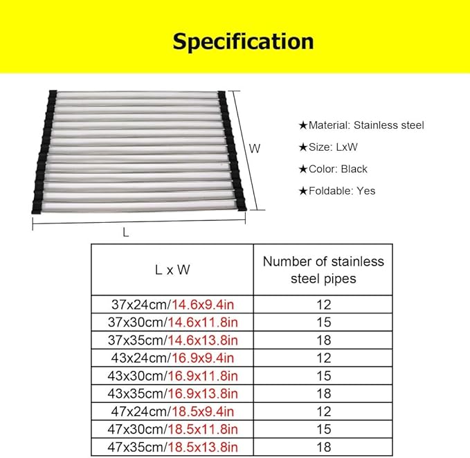 37-47 CM Roll Up Dish Drying Rack Over The Sink Portable Stainless Still Rolling Rack Folding Mat, Sink Cover Multipurpose Organizer Collapsible Dish Drainer(Black,43x30cm/16.9x11.8in)