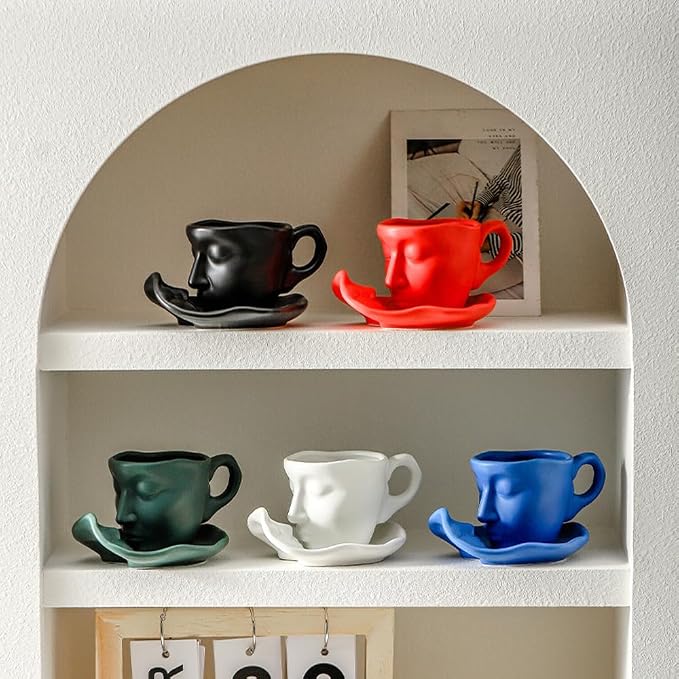 Human Face Ceramic Coffee Mug, 8.8oz/260ml Kissing Coffee Cup with Saucer Coffee Spoon, Tea Cup Milk Latte Espresso Cappuccino Juice Beverage Iced Tea Water Cups Drinkware (Black)