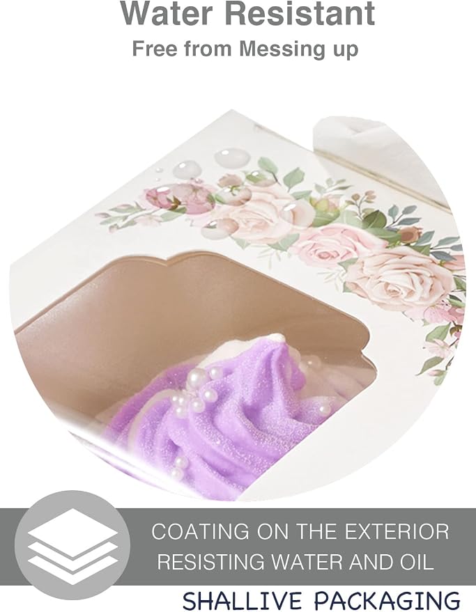 Mothers Day Floral Cupcake Boxes Single with Inserts and Window, Auto-Popup Mini Pink White Cupcake Holders Individual 30 Pack for Mother's Day Treat Wedding Gifts 3.5"