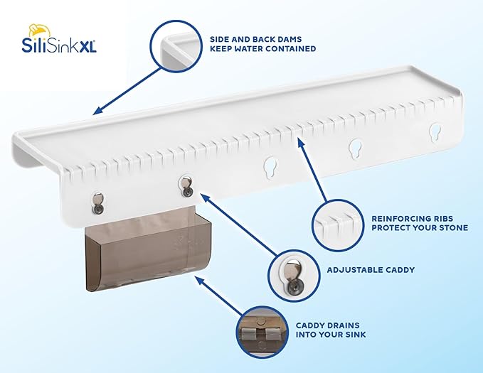 SiliProducts SiliSink XL Silicone Edge Guard for Kitchen Sink - Fits 3.75” - 4” Wide - The Original Silicone Sink Edge Protector with Sponge Caddy - Splash Guard, 20” White