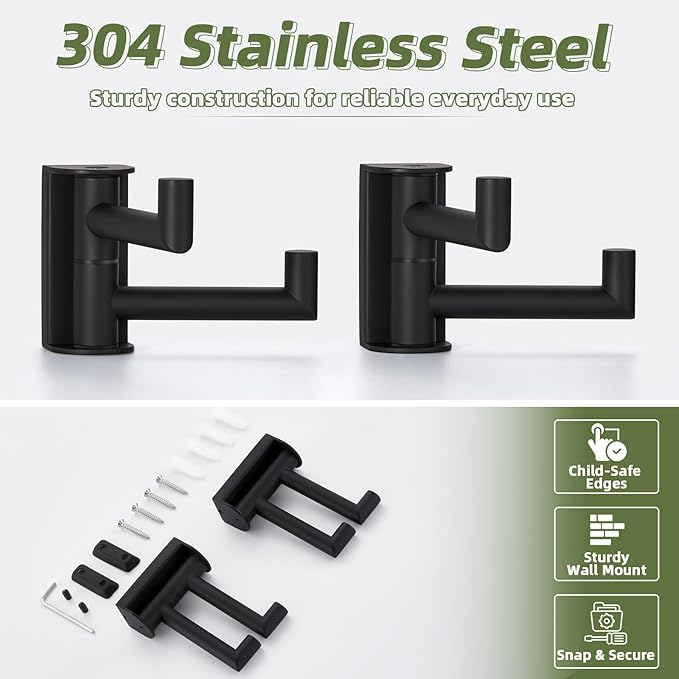 APLusee Swivel Towel Hook Matte Black 2 Pack, 304 Stainless Steel Towel Holder Bathroom Robe Hook, Folding Wall Hook Wall Mounted