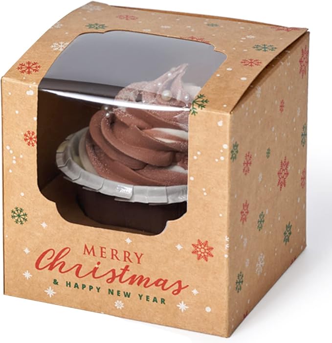 Christmas Individual Cupcake Containers with Window and Insert, Pre-Assembled Cocoa Bomb Packaging 60pcs Christmas Kraft Cupcake Boxes for Gifts
