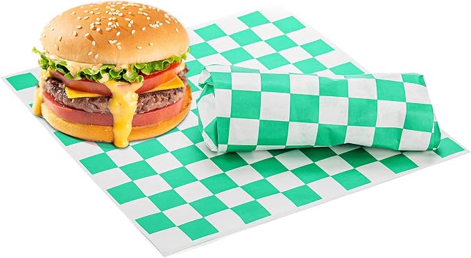 Fasmov 1000 Sheets 12 x 12 inches Sandwich Paper Deli Basket Liner Wrap Food Basket Liners Wrapping Checkered Sheets, Green & White