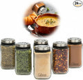 Adjustable Glass Spice Jars (Set of 24) with 6 Pouring Sizes- Stainless Steel Lid/Cap- Square Seasoning Bottle Containers for Minimalist Kitchen Pantry Storage Organization- Fill Shaker w Salt Pepper