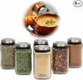 Adjustable Glass Spice Jars (Set of 6) with 6 Pouring Sizes- Stainless Steel Lid/Cap- Square Seasoning Bottle Containers for Minimalist Kitchen Pantry Storage Organization- Fill Shaker w Salt Pepper
