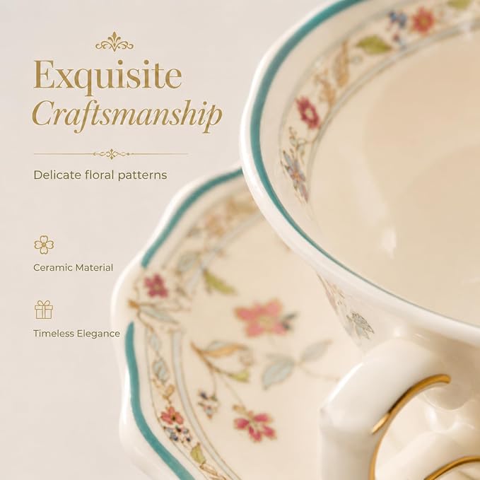 Noviko 6 oz Floral Tea Cups and Saucers Flower Ceramic cup for Women and Tea Parties