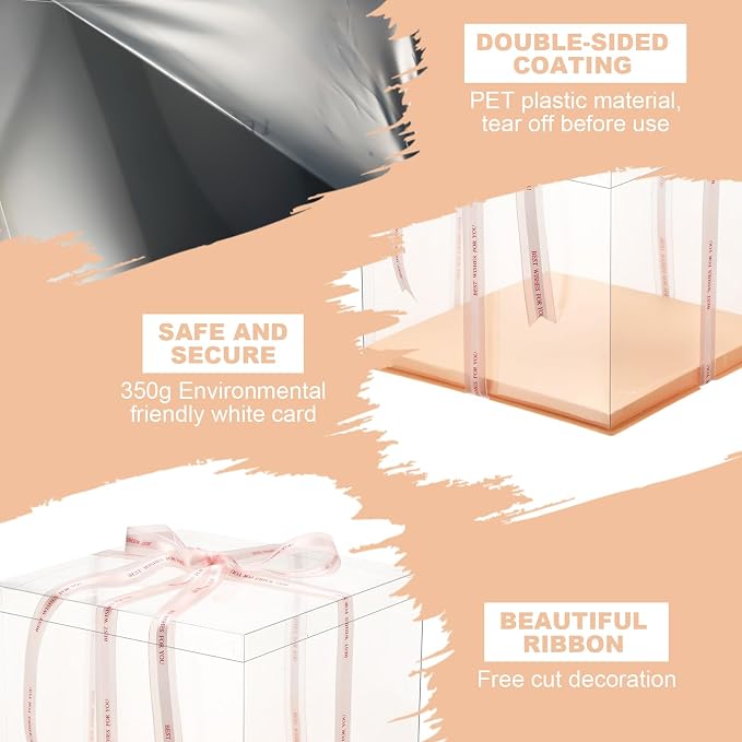 Maxdot 10 Pcs Transparent Tall Cake Boxes 12" x 12" x 10" Large Clear Cake Box with Ribbon Dessert Carrier PET Wedding Dessert Storage Container Clear Gift Box for Birthday Party Display (Pink)