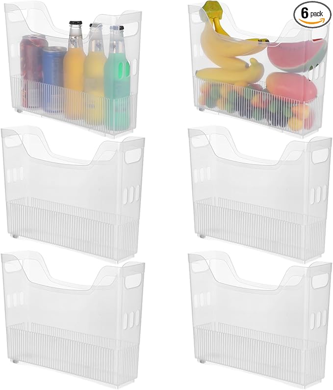 6 Pcs Freezer Drawer Organizer Bins - Clear Plastic Pantry Organizers with Wheels, Tall Narrow Kitchen Organization Rolling Freezer Bins for Bottom Freezer, Storage Containers for Home, Office