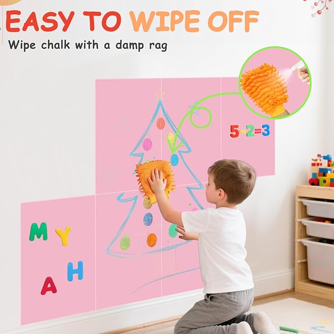 Magnetic Chalkboard Wall Decal Pink Set of 6 Peel and Stick Magnet Sheets with Chalk Tangram Puzzle and Multiple Accessories Magnetic Chalk Boardfor Home Playroom and Classroom