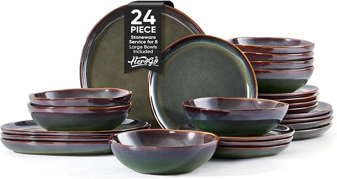 Herogo Stoneware Dinnerware Sets for 8, 24 Piece Plates and Bowls Dish Set, Irregular Handmade Dinner Ware Dishware for Kitchen Dinning, Microwave & Dishwasher Safe, Lichen Green