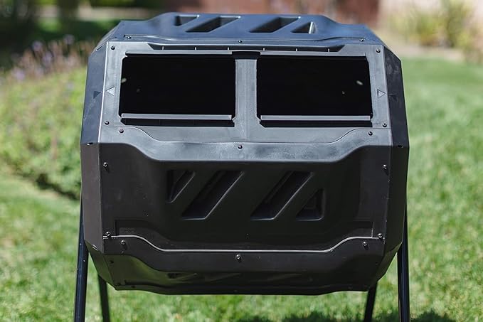 MaxWorks Dual‑Chamber Compost Tumbler, 42‑Gallon Capacity Rotating Outdoor Composter with Aeration Vents, UV‑Resistant Polypropylene Drum and Steel Frame, Includes Gloves (50891)