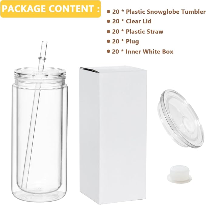20 Oz Acrylic Snow Globe Tumbler, 20 Pack Pre-Drilled Double Wall Plastic Snowglobe Cup for Glitter Snow Globe Diy, with Clear Lid