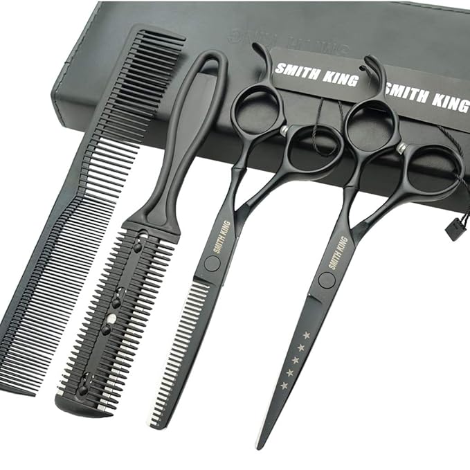 6.0 Inches Hair Cutting Scissors Set with Combs Lether Scissors Case,Hair cutting shears Hair Thinning shears For Personal and Professional (Matt black)