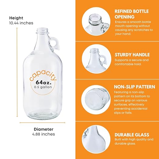 FastRack - 0.5 Gallon Glass Jugs | 2 Pack with Polyseal Caps | Clear Half Gallon Glass Jug Ideal for Beverage Storage, Versatile 1/2 G Jug with Airtight Cap for Fermenting & Storing Liquids