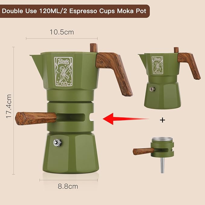 Bincoo 120ML Stovetop Espresso Maker Double Valve Moka Pot with Thermostat Extractor Prevent over-extraction,Italian Espresso Moka Pot with Powder Dispenser and Filter Paper for Home(Green)