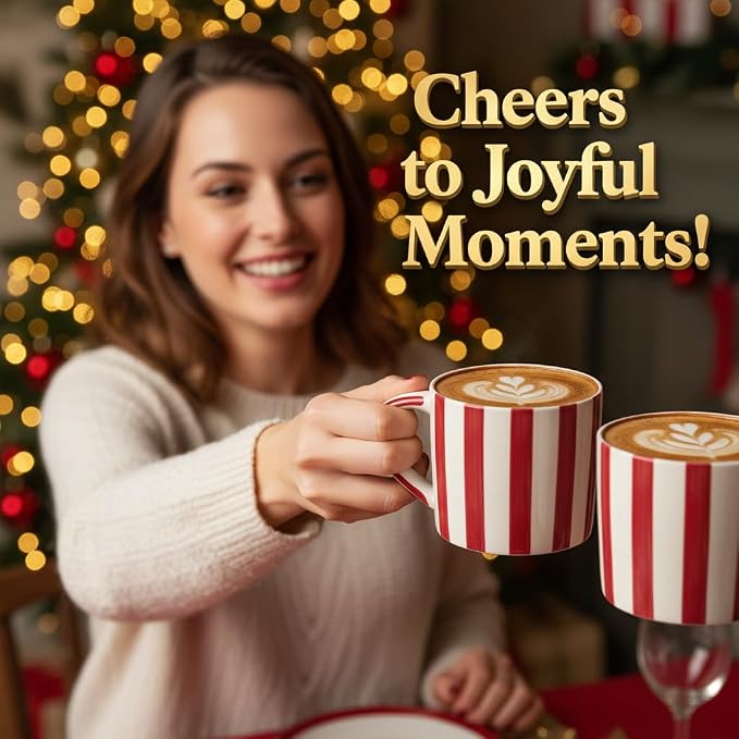 Festive Red and White Striped Ceramic Coffee Mug and Saucer Set, 200ml Latte & Tea Cup Gift for Holidays (Black)