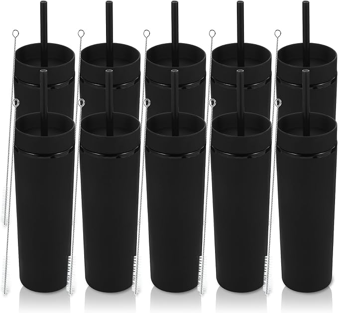 Volhoply 16oz Plastic Skinny Tumbler with Lid and Straw Bulk 10 Pack,Insulated Double Wall BPA Free Matte Acrylic Tumblers,Iced Coffee Travel Reusable Party Cup,Customizable Diy Gifts(Black,10 Set)